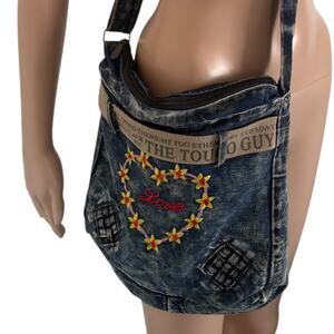 Vintage 80s Handmade Denim Crossbody Bag Embroidery Heart Flower Love Streetwear